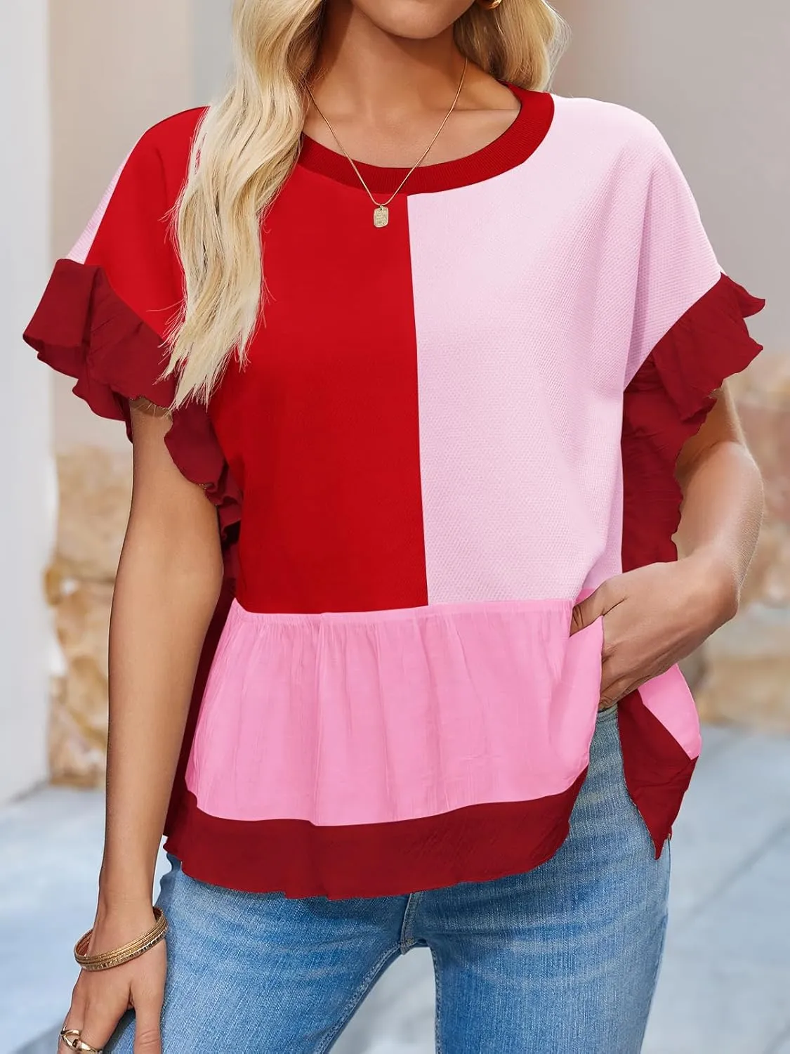 Tankaneo Womens Ruffle Batwing Sleeve Tops Summer Casual Color Block T-Shirts Loose Fit Peplum Babydoll Blouse