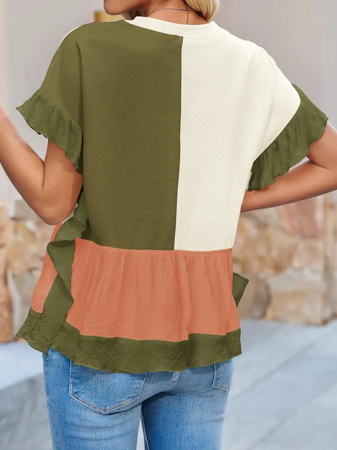 Tankaneo Womens Ruffle Batwing Sleeve Tops Summer Casual Color Block T-Shirts Loose Fit Peplum Babydoll Blouse