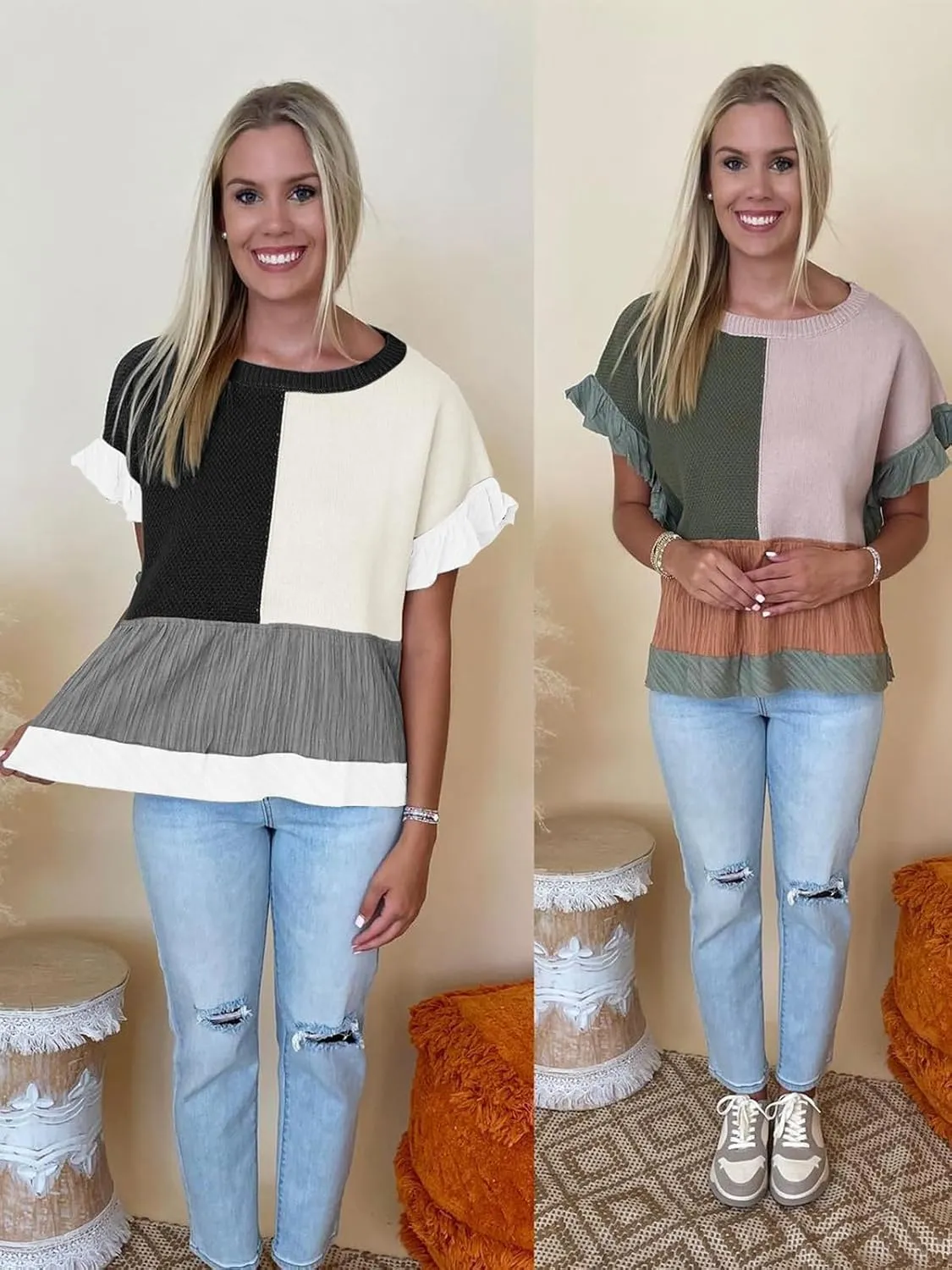 Tankaneo Womens Ruffle Batwing Sleeve Tops Summer Casual Color Block T-Shirts Loose Fit Peplum Babydoll Blouse