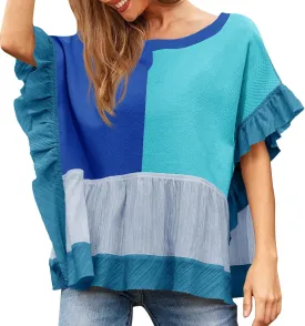 Tankaneo Womens Ruffle Batwing Sleeve Tops Summer Casual Color Block T-Shirts Loose Fit Peplum Babydoll Blouse