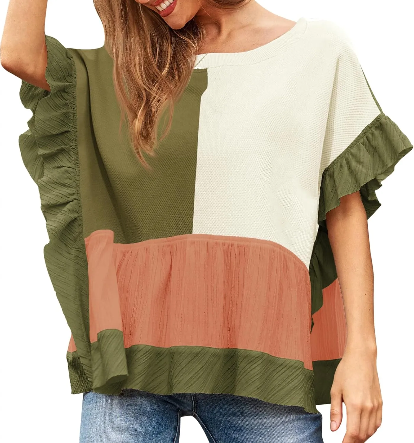 Tankaneo Womens Ruffle Batwing Sleeve Tops Summer Casual Color Block T-Shirts Loose Fit Peplum Babydoll Blouse