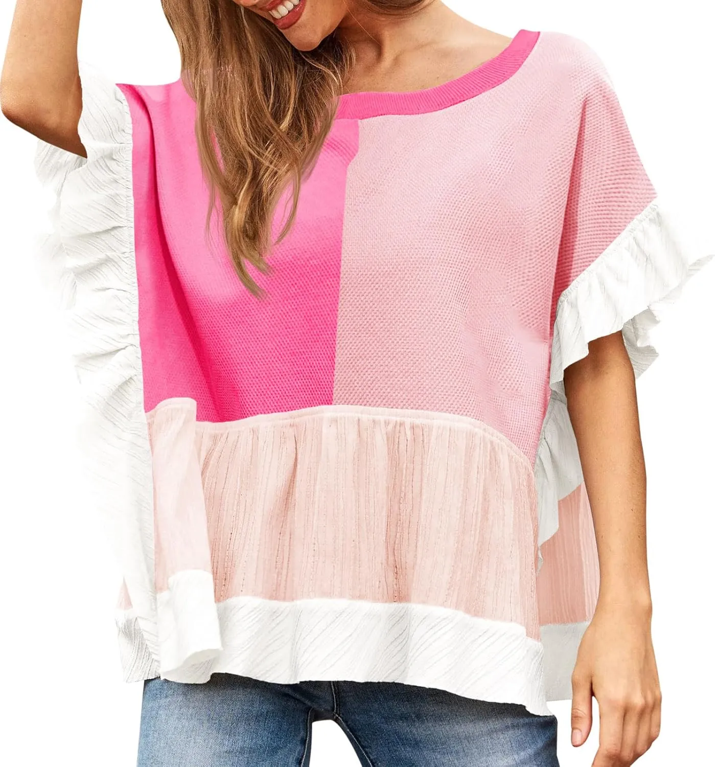Tankaneo Womens Ruffle Batwing Sleeve Tops Summer Casual Color Block T-Shirts Loose Fit Peplum Babydoll Blouse