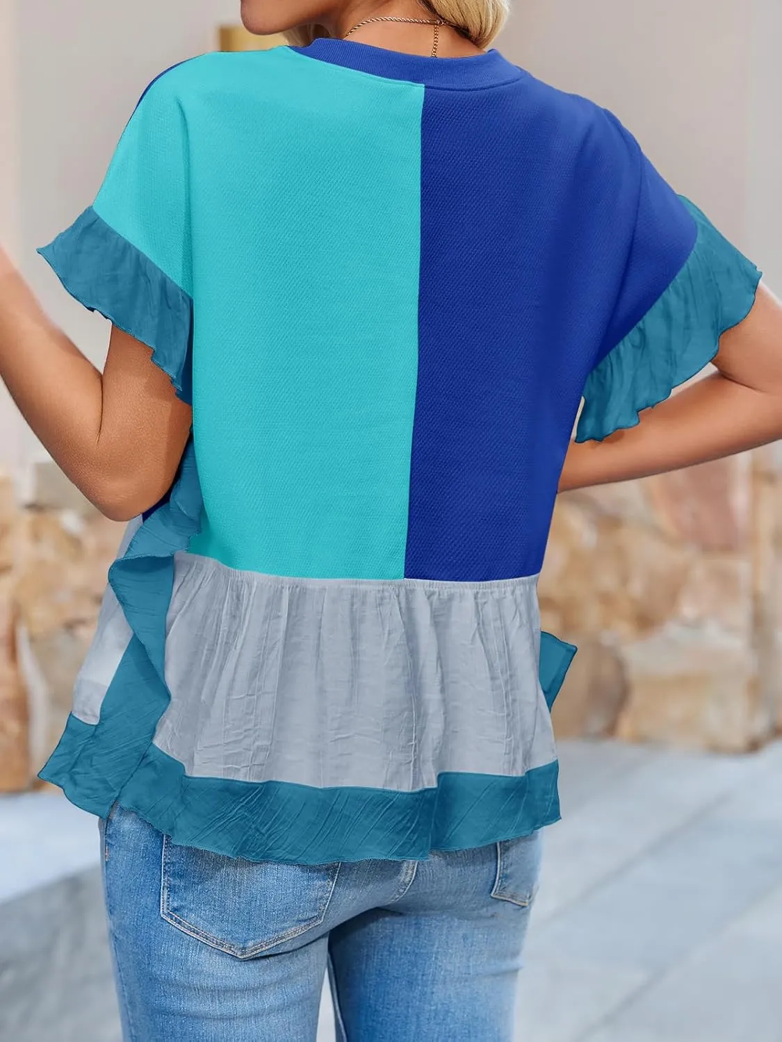Tankaneo Womens Ruffle Batwing Sleeve Tops Summer Casual Color Block T-Shirts Loose Fit Peplum Babydoll Blouse