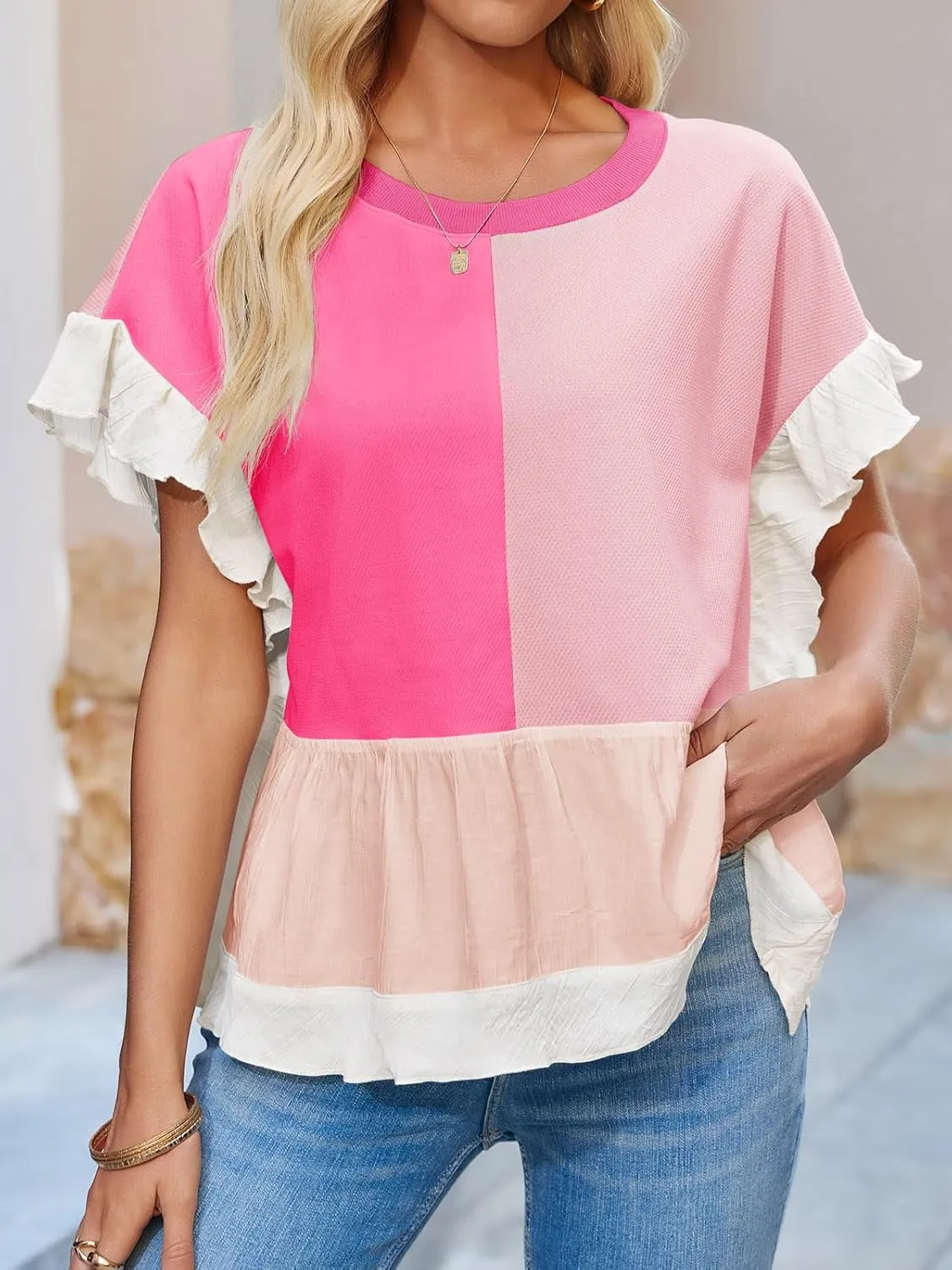 Tankaneo Womens Ruffle Batwing Sleeve Tops Summer Casual Color Block T-Shirts Loose Fit Peplum Babydoll Blouse