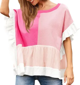 Tankaneo Womens Ruffle Batwing Sleeve Tops Summer Casual Color Block T-Shirts Loose Fit Peplum Babydoll Blouse