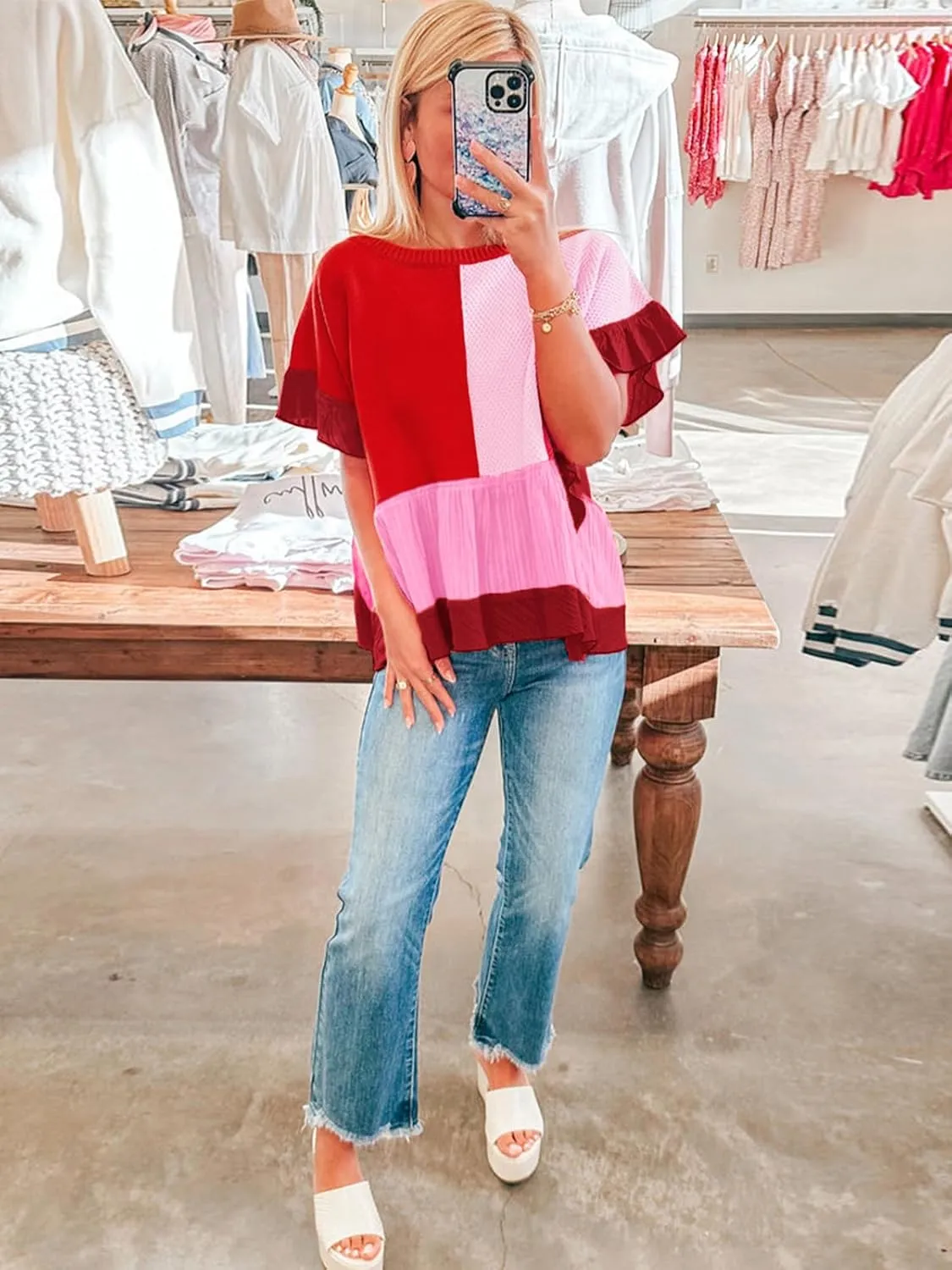 Tankaneo Womens Ruffle Batwing Sleeve Tops Summer Casual Color Block T-Shirts Loose Fit Peplum Babydoll Blouse