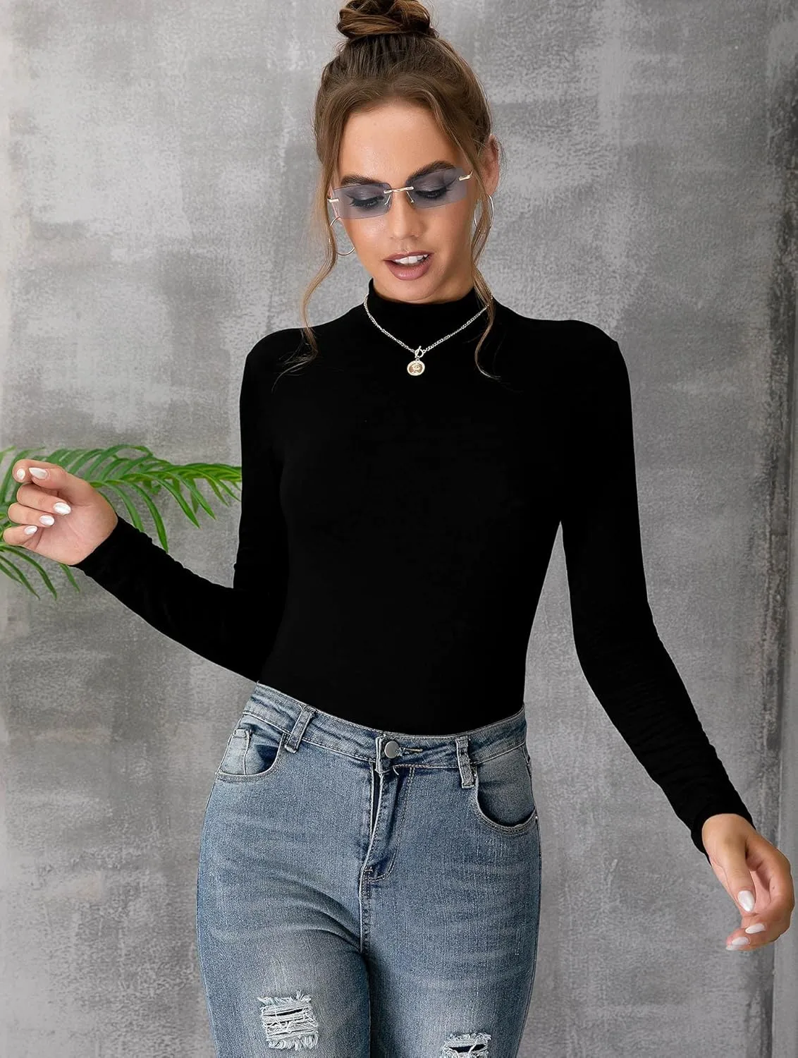 UNTYHOTS Women's Sleeveless Long Sleeves Mock Turtleneck Top Basic Stretch Fitting Pullover Lightweight Slim Shirt