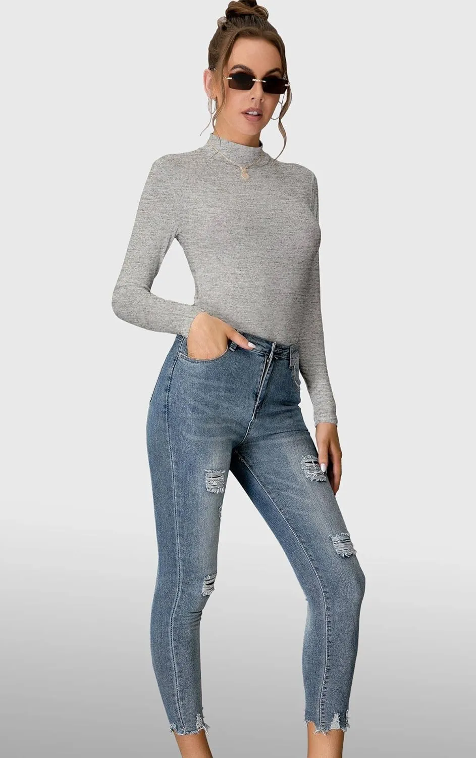 UNTYHOTS Women's Sleeveless Long Sleeves Mock Turtleneck Top Basic Stretch Fitting Pullover Lightweight Slim Shirt