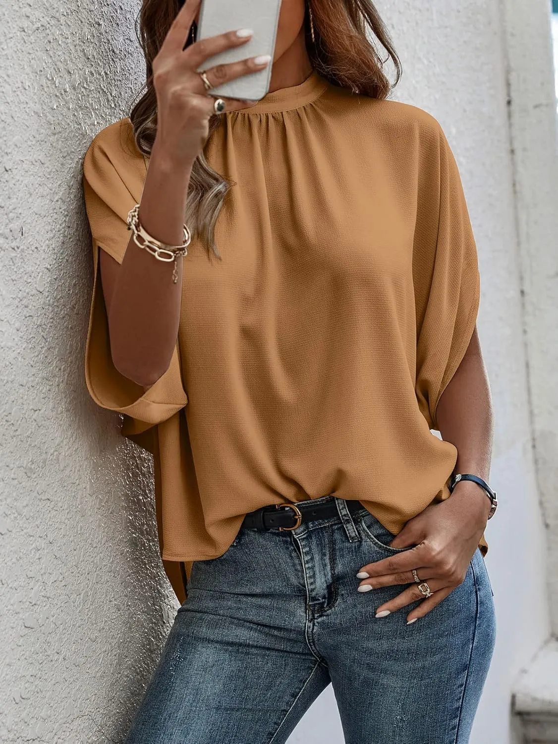 Verdusa Women's Tie Back Dolman Sleeve Blouse Top Casual Mock Neck Going Out Tops
