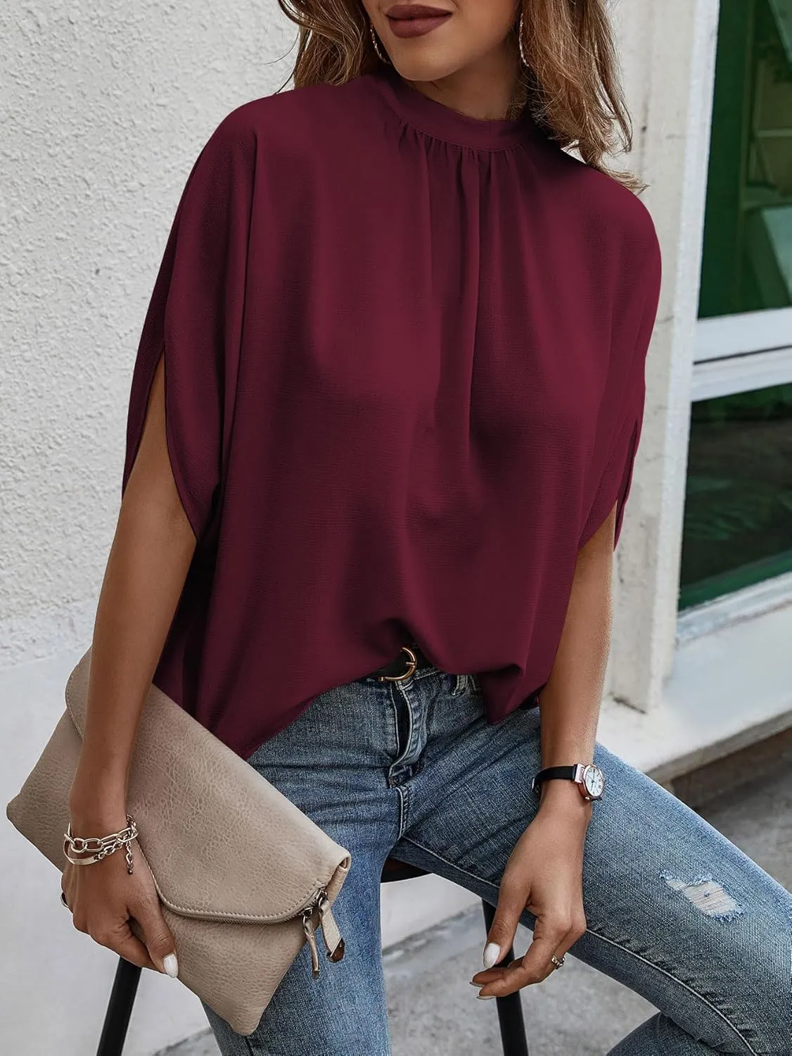 Verdusa Women's Tie Back Dolman Sleeve Blouse Top Casual Mock Neck Going Out Tops
