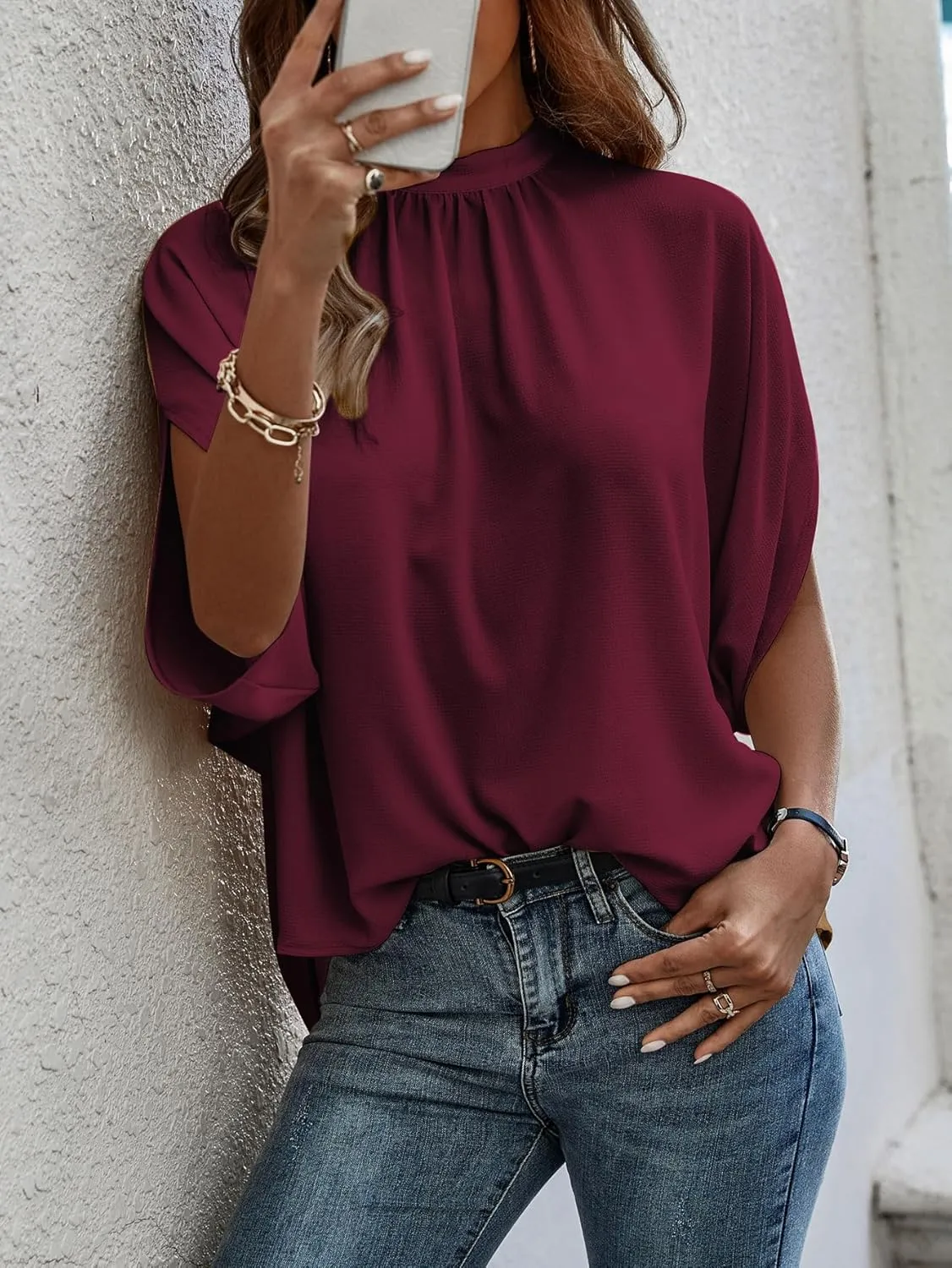 Verdusa Women's Tie Back Dolman Sleeve Blouse Top Casual Mock Neck Going Out Tops