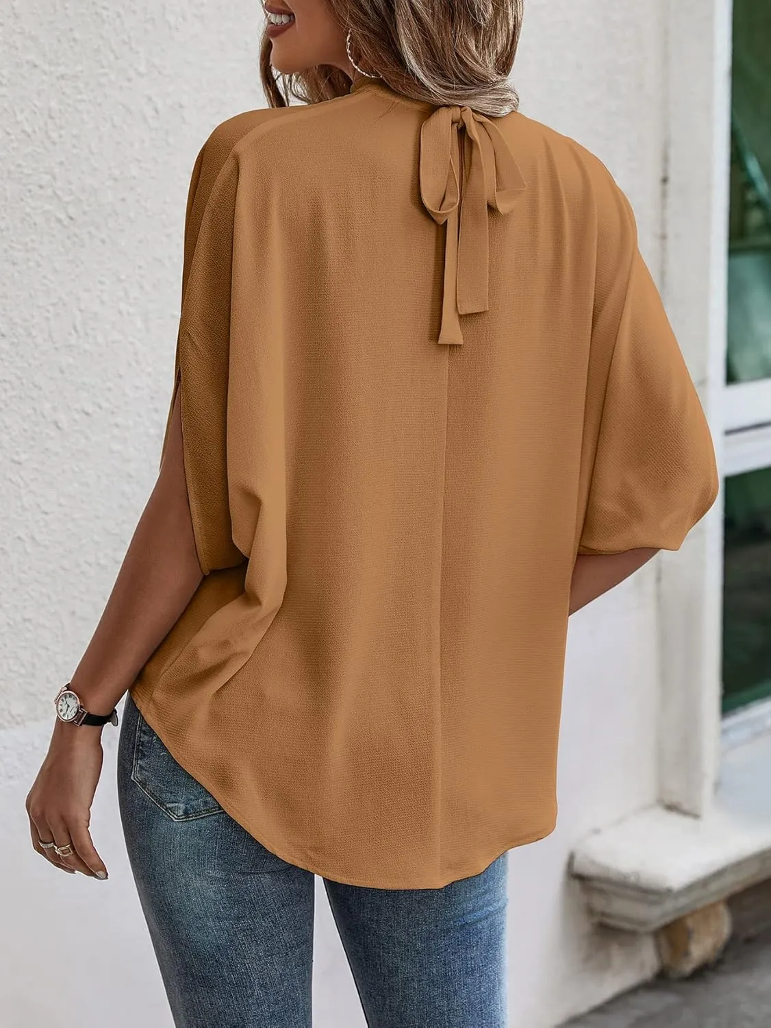 Verdusa Women's Tie Back Dolman Sleeve Blouse Top Casual Mock Neck Going Out Tops