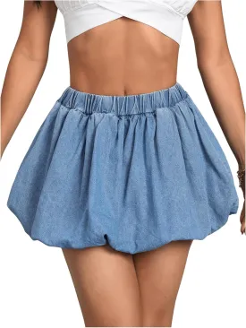 Verdusa Women's Y2k Denim Bubble Skirt Ruched A Line Flared Mini Skirts