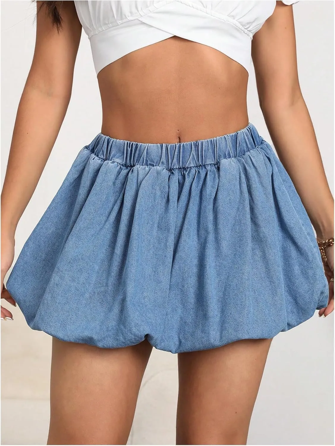 Verdusa Women's Y2k Denim Bubble Skirt Ruched A Line Flared Mini Skirts