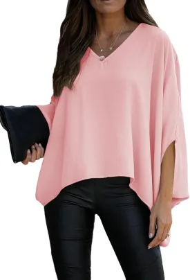 Vrtige Women's Casual V Neck Batwing Long Sleeve Blouse Shirt Tunic Top
