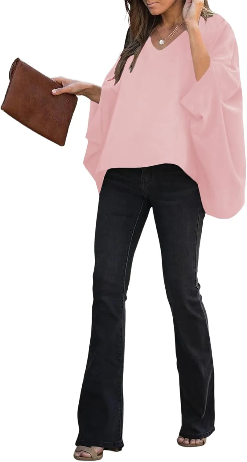 Vrtige Women's Casual V Neck Batwing Long Sleeve Blouse Shirt Tunic Top