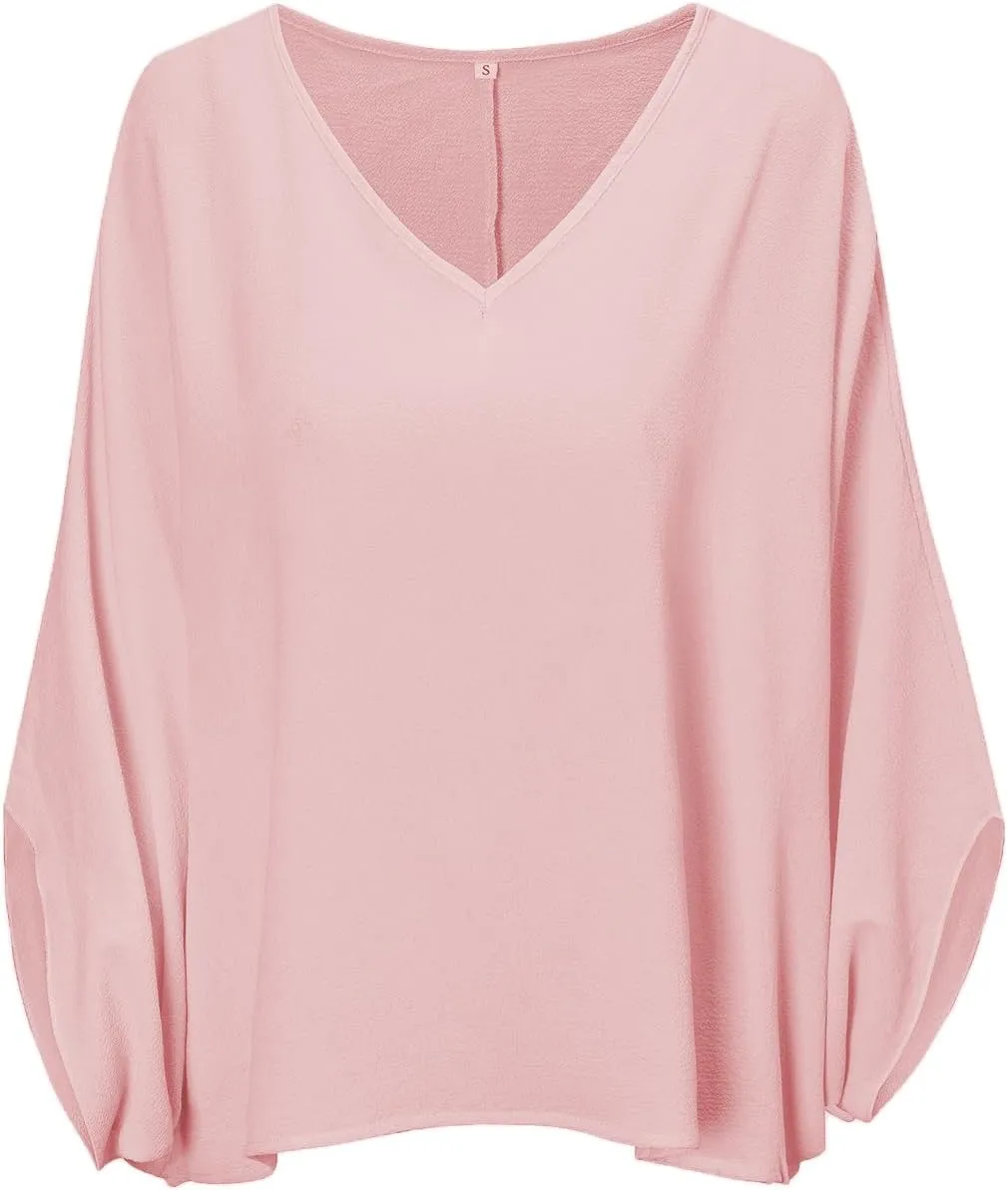 Vrtige Women's Casual V Neck Batwing Long Sleeve Blouse Shirt Tunic Top
