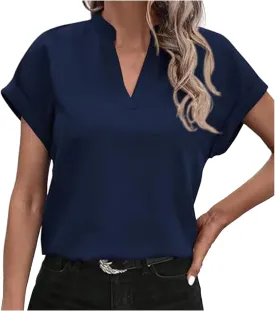 Women Summer Tops V Neck Short Sleeve T Shirts Loose Flowing Tunics Solid Color Casual Shirts Solid Flannel Shirt