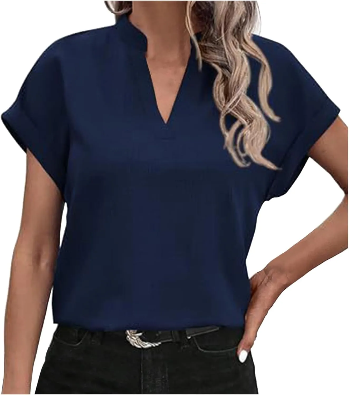 Women Summer Tops V Neck Short Sleeve T Shirts Loose Flowing Tunics Solid Color Casual Shirts Solid Flannel Shirt