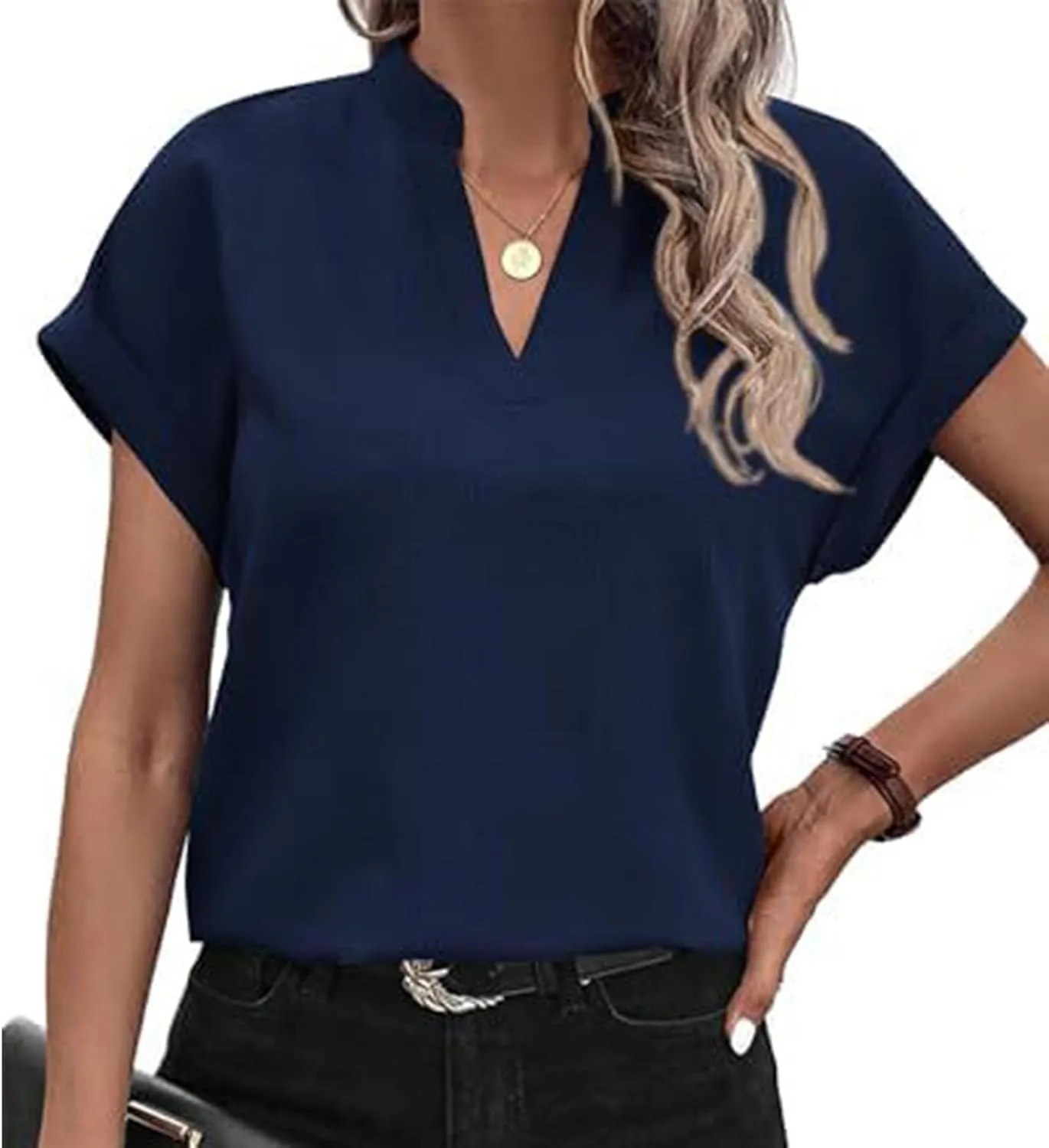 Women Summer Tops V Neck Short Sleeve T Shirts Loose Flowing Tunics Solid Color Casual Shirts Solid Flannel Shirt