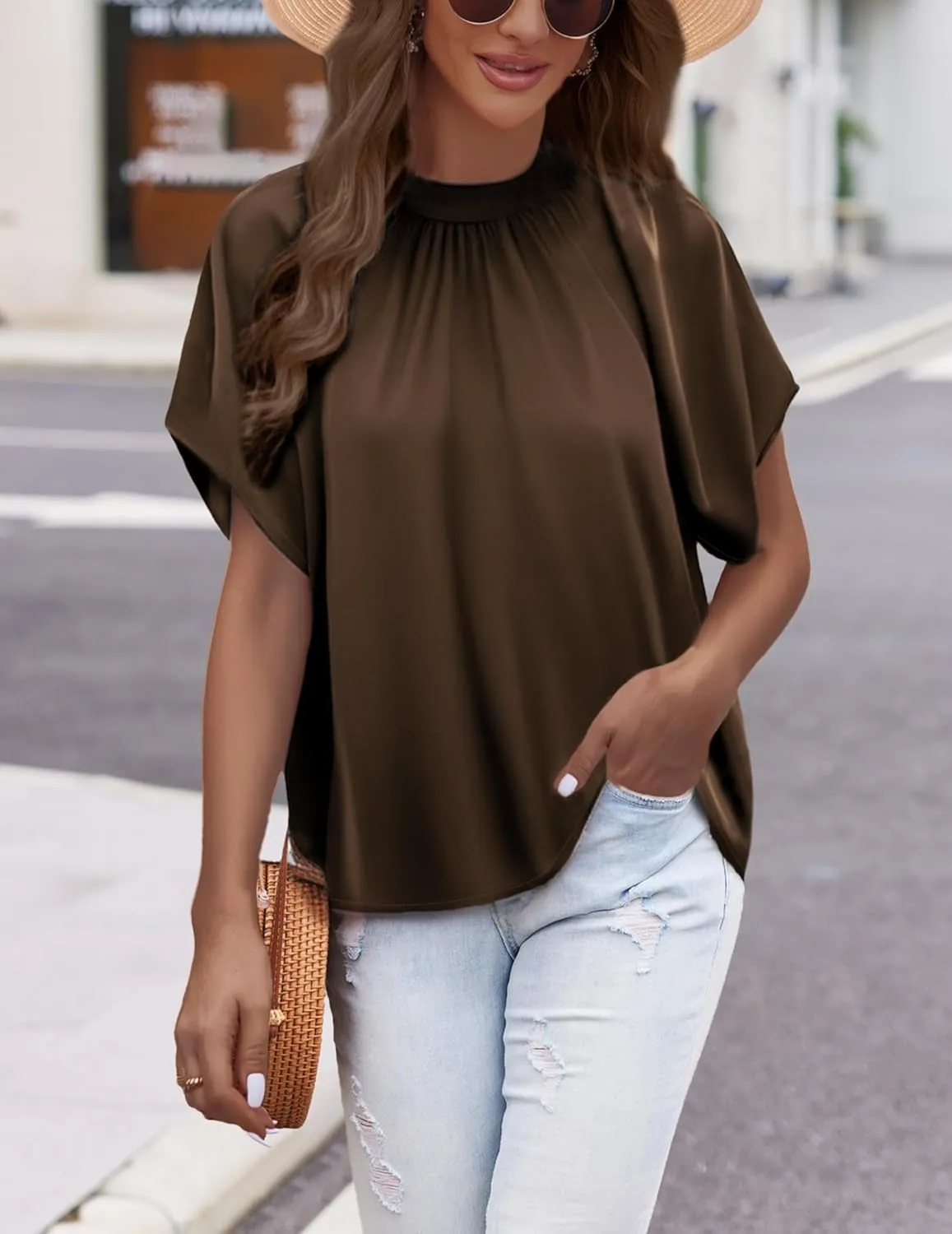Womens Blouses Dressy Casual Mock Neck Batwing Sleeve Tops Loose Fit Tie Back Summer Tunic Tops