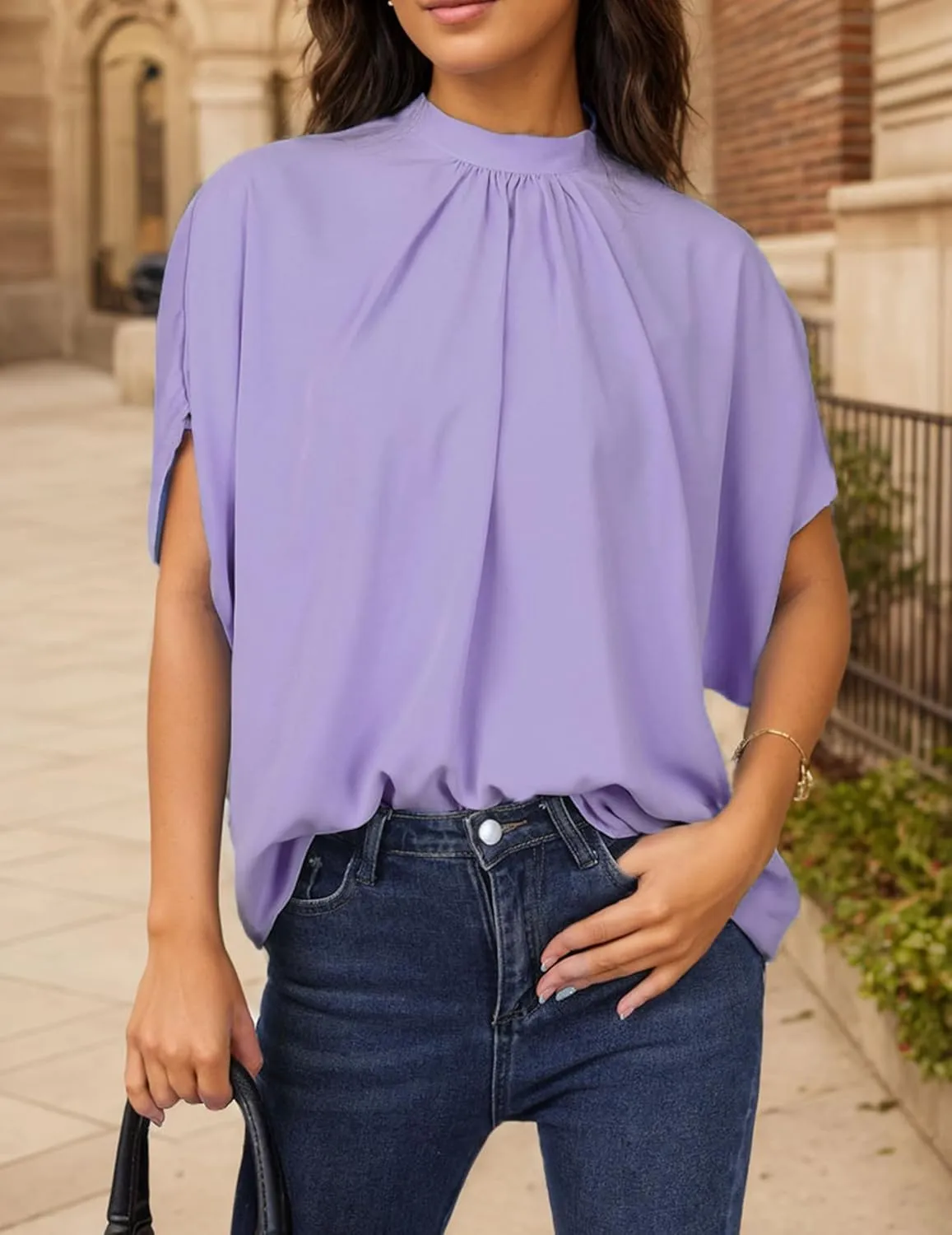 Womens Blouses Dressy Casual Mock Neck Batwing Sleeve Tops Loose Fit Tie Back Summer Tunic Tops