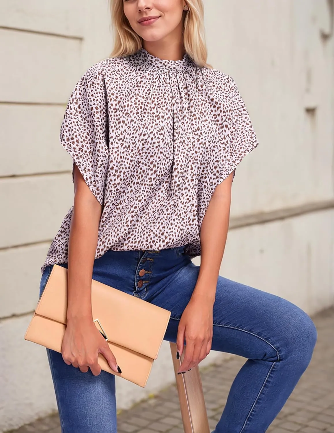 Womens Blouses Dressy Casual Mock Neck Batwing Sleeve Tops Loose Fit Tie Back Summer Tunic Tops