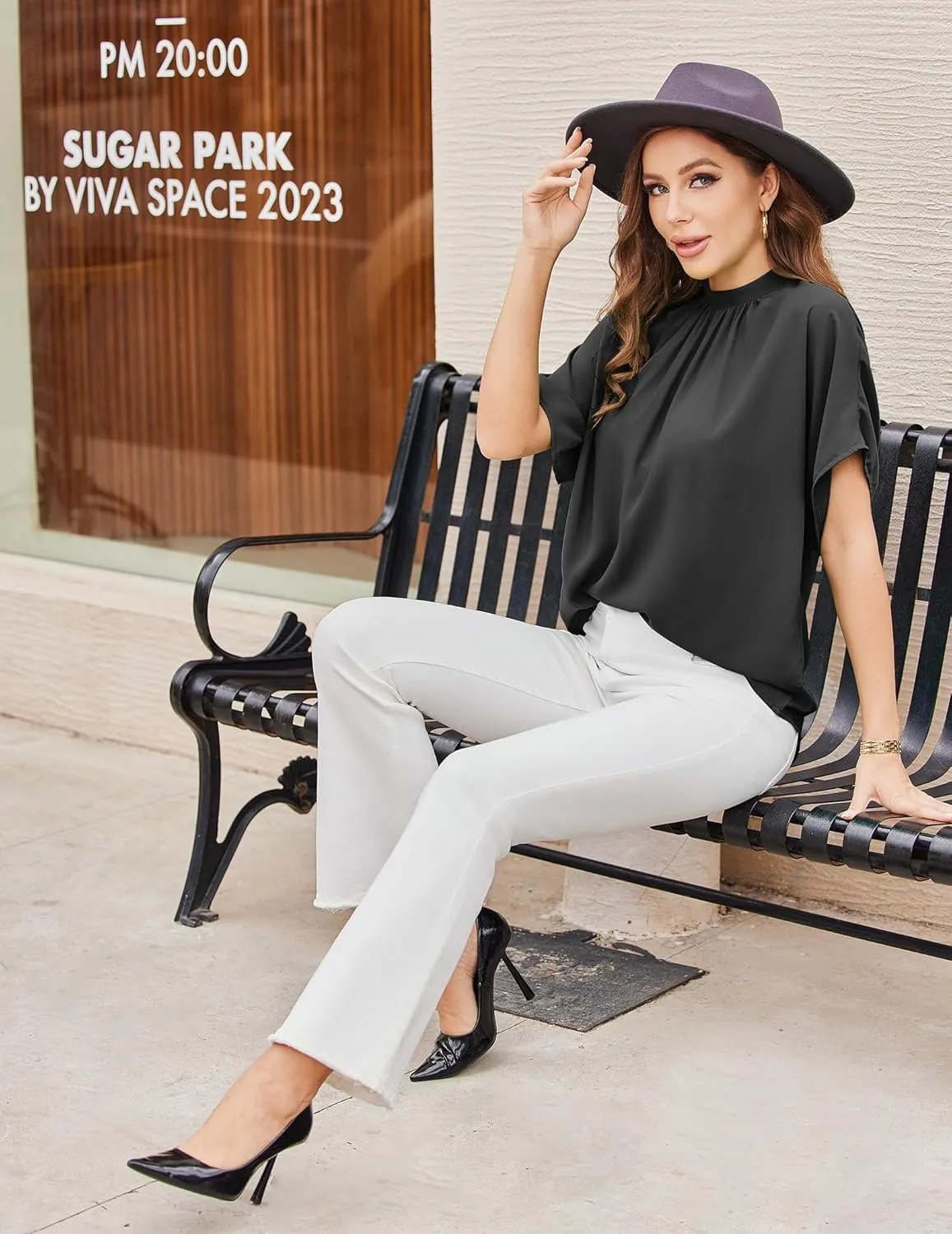 Womens Blouses Dressy Casual Mock Neck Batwing Sleeve Tops Loose Fit Tie Back Summer Tunic Tops