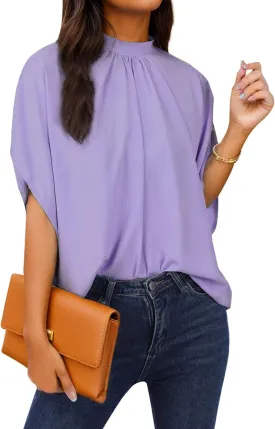 Womens Blouses Dressy Casual Mock Neck Batwing Sleeve Tops Loose Fit Tie Back Summer Tunic Tops