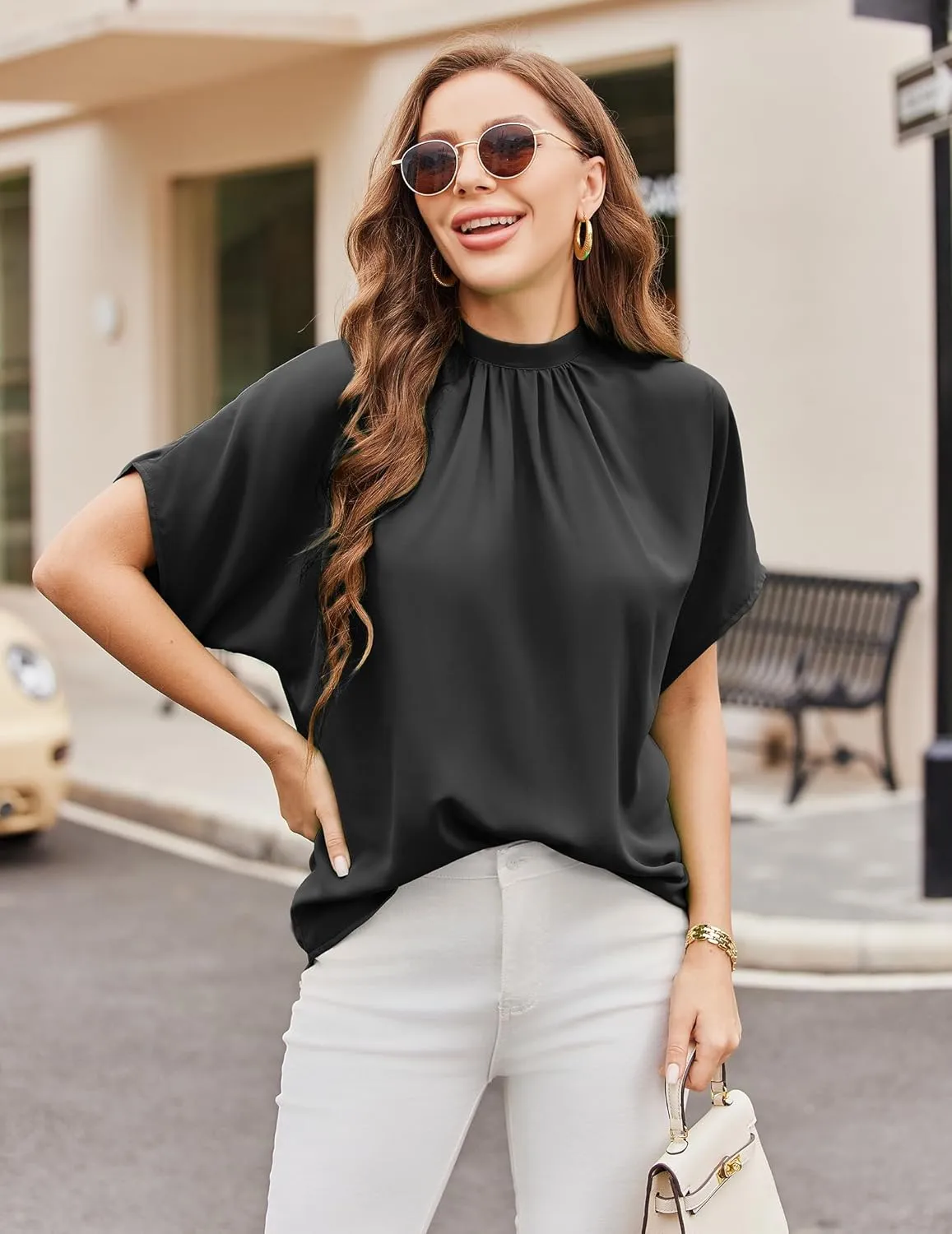 Womens Blouses Dressy Casual Mock Neck Batwing Sleeve Tops Loose Fit Tie Back Summer Tunic Tops