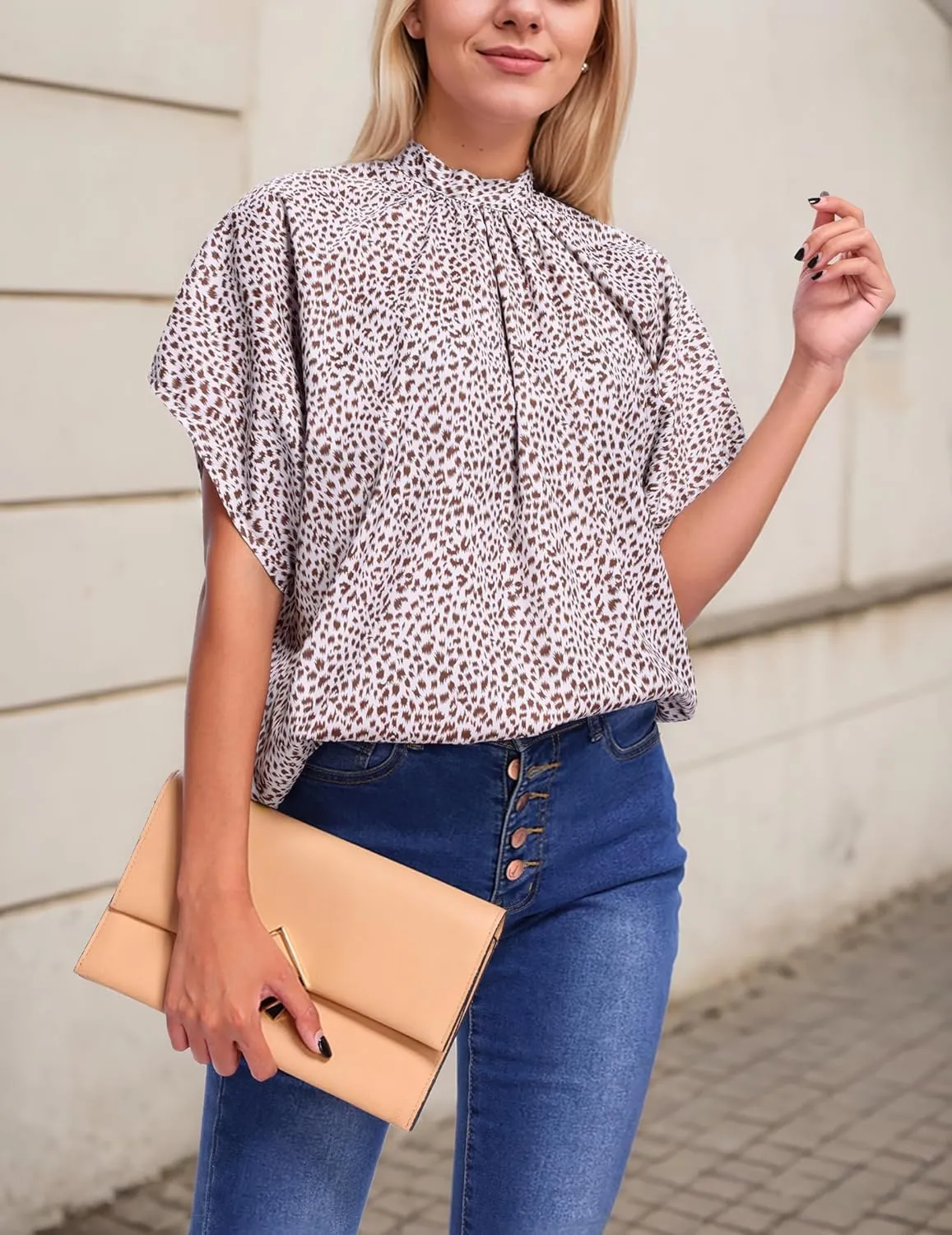 Womens Blouses Dressy Casual Mock Neck Batwing Sleeve Tops Loose Fit Tie Back Summer Tunic Tops