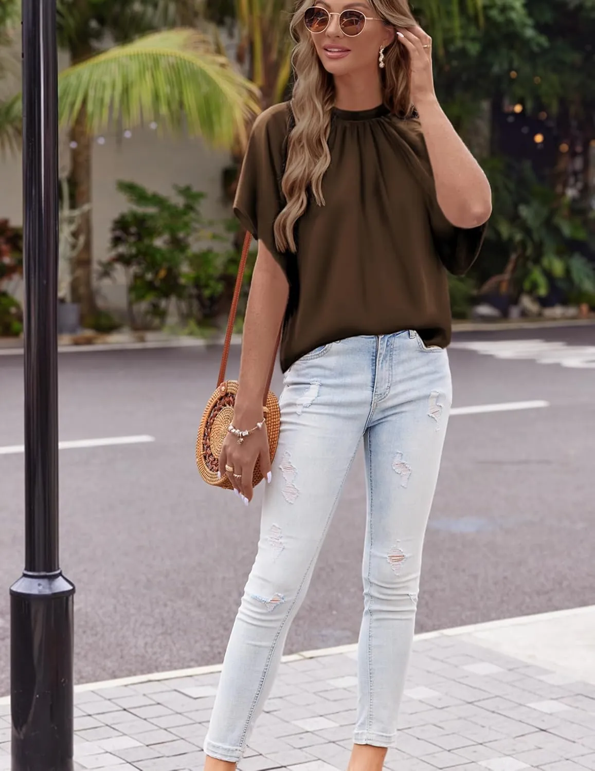 Womens Blouses Dressy Casual Mock Neck Batwing Sleeve Tops Loose Fit Tie Back Summer Tunic Tops