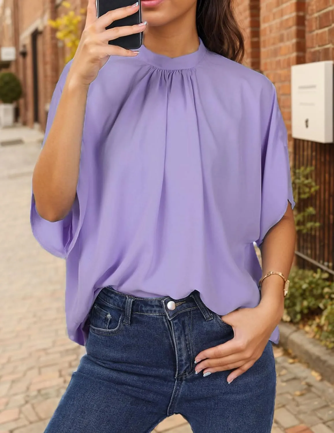Womens Blouses Dressy Casual Mock Neck Batwing Sleeve Tops Loose Fit Tie Back Summer Tunic Tops