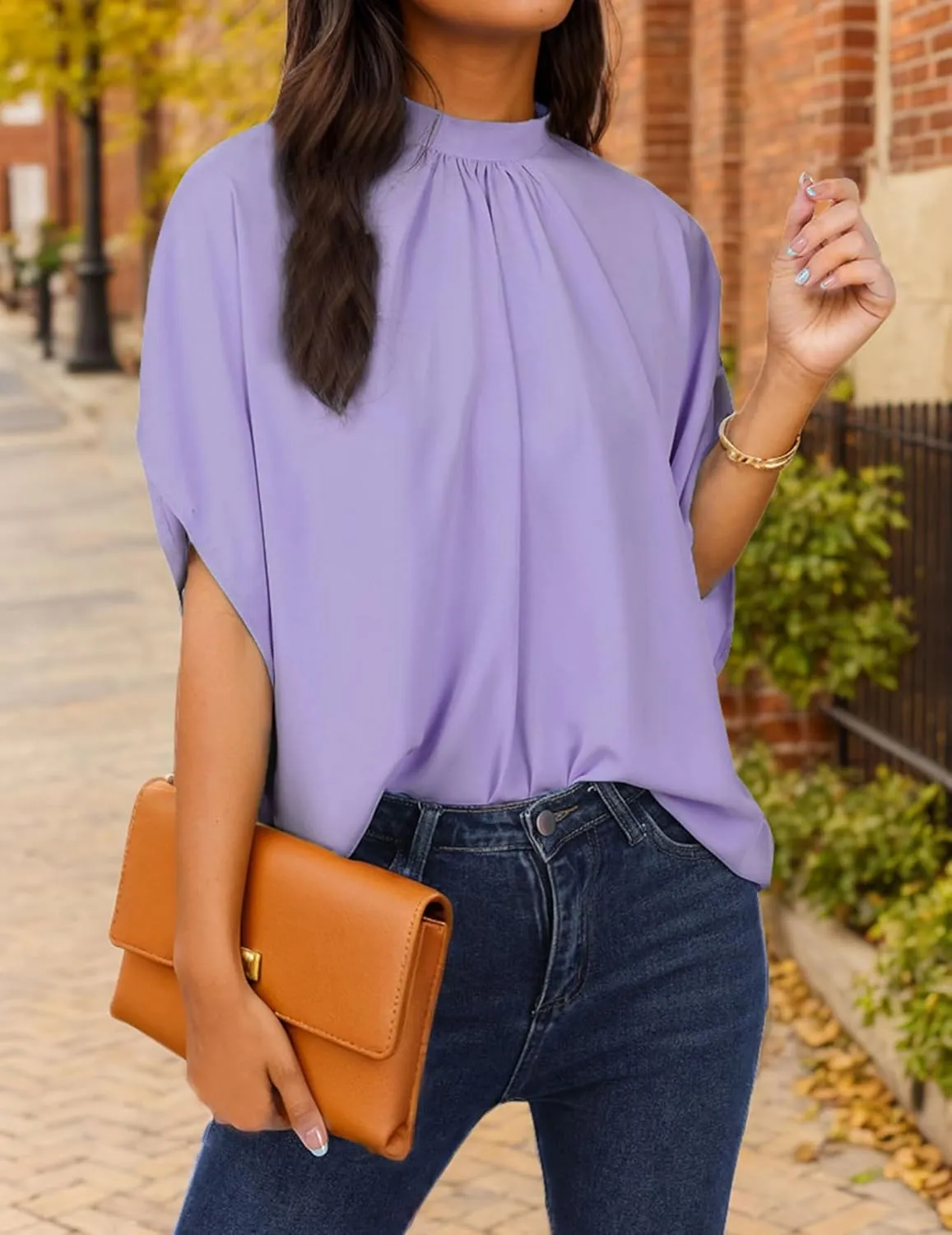 Womens Blouses Dressy Casual Mock Neck Batwing Sleeve Tops Loose Fit Tie Back Summer Tunic Tops