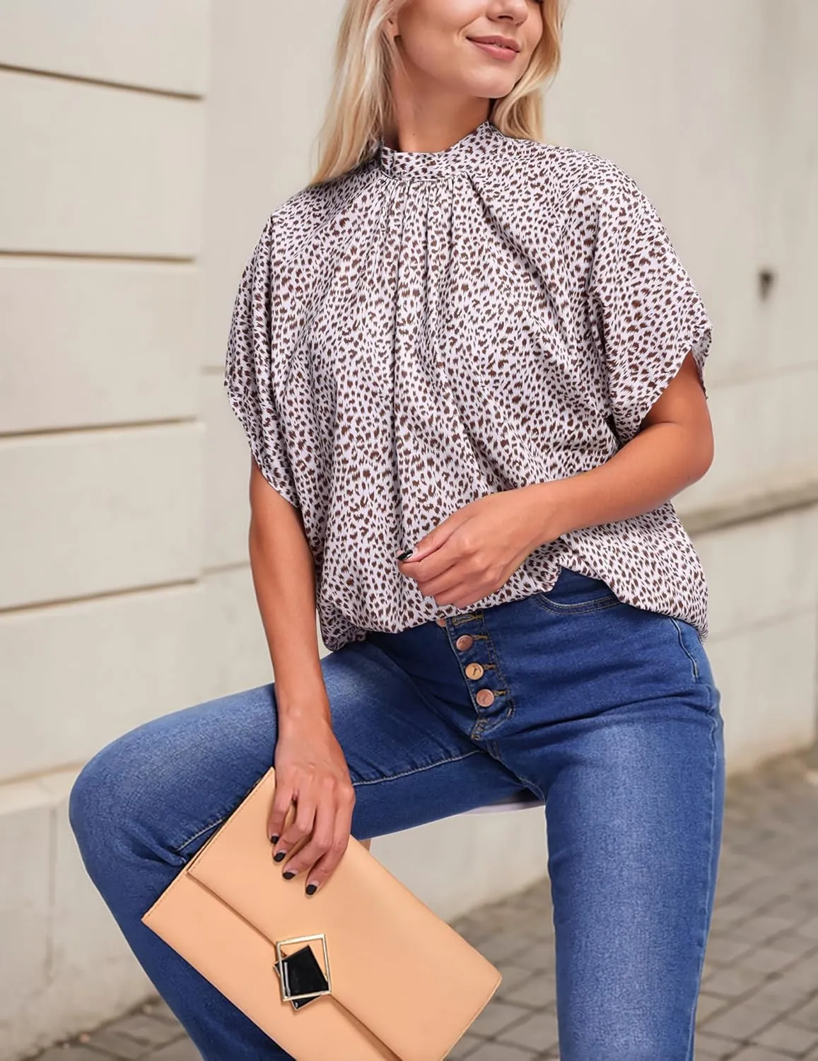 Womens Blouses Dressy Casual Mock Neck Batwing Sleeve Tops Loose Fit Tie Back Summer Tunic Tops