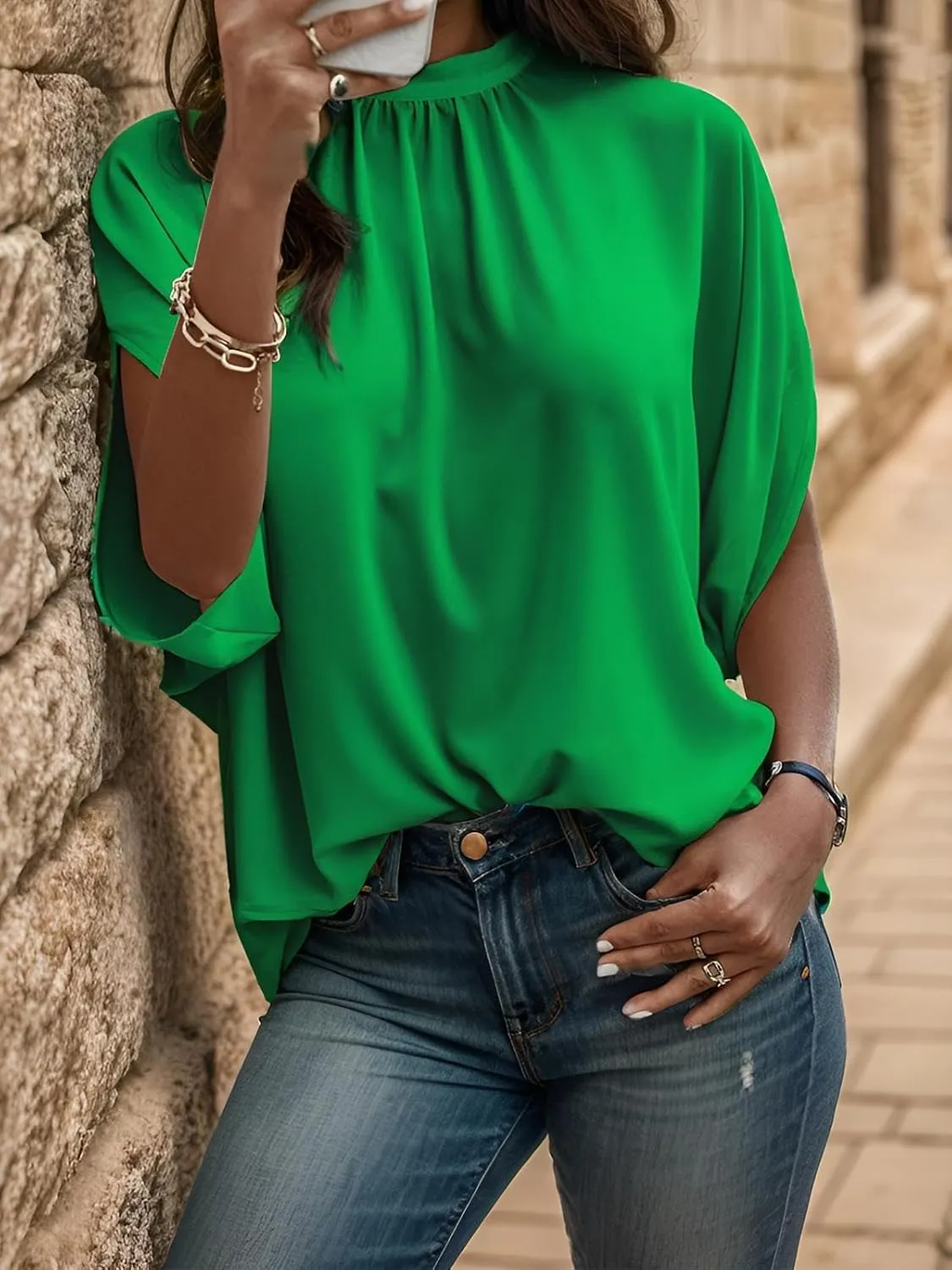 Womens Blouses Dressy Casual Mock Neck Batwing Sleeve Tops Loose Fit Tie Back Summer Tunic Tops