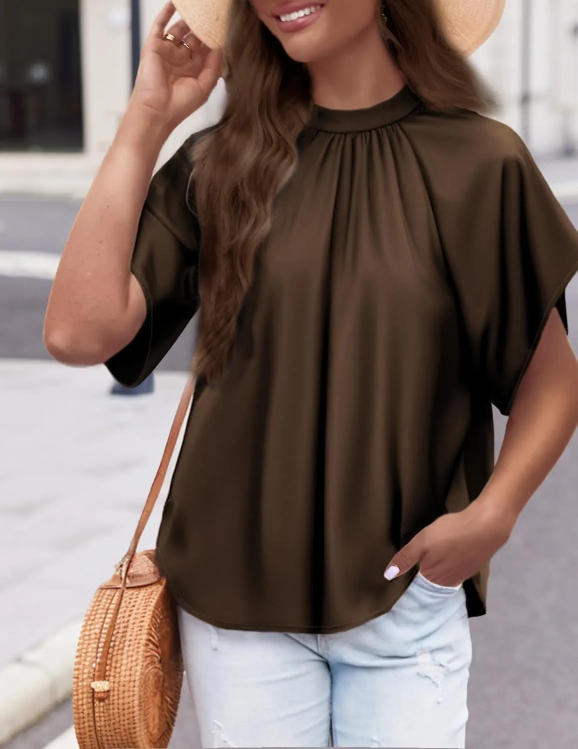 Womens Blouses Dressy Casual Mock Neck Batwing Sleeve Tops Loose Fit Tie Back Summer Tunic Tops