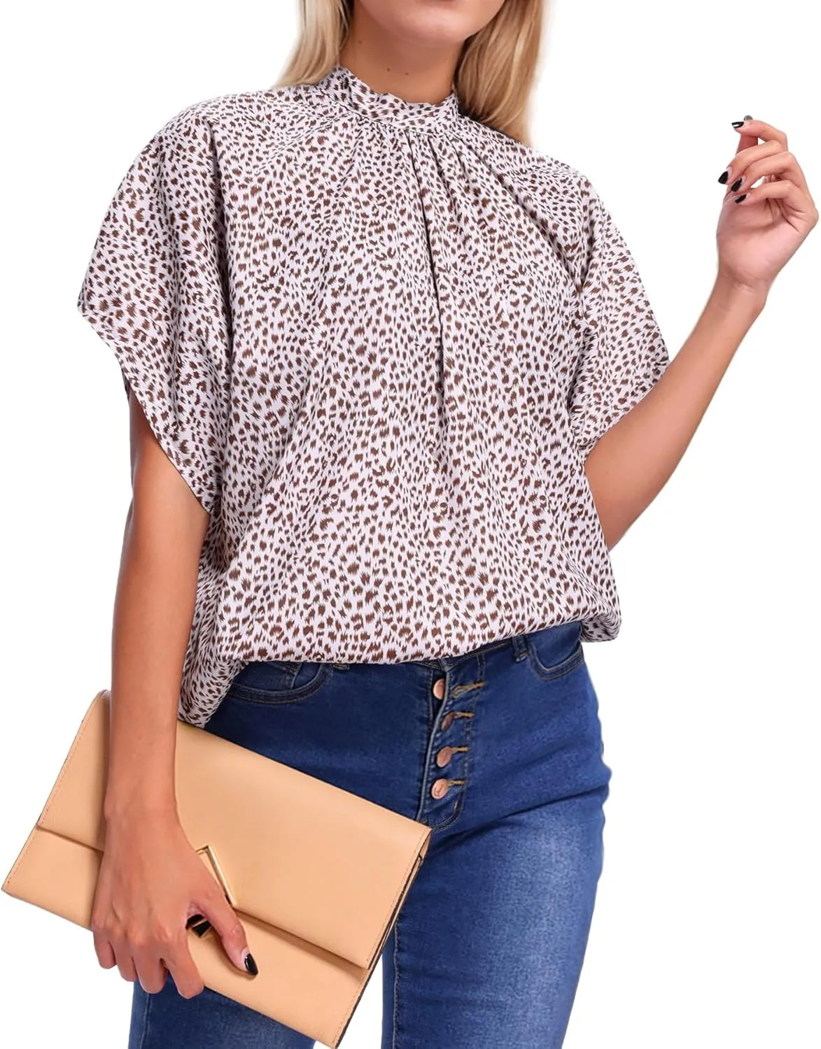 Womens Blouses Dressy Casual Mock Neck Batwing Sleeve Tops Loose Fit Tie Back Summer Tunic Tops