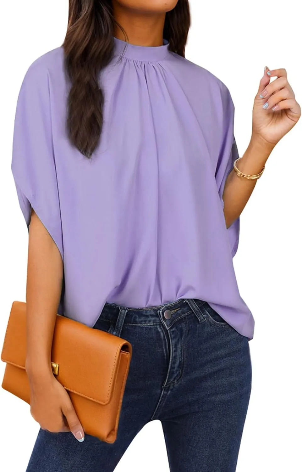 Womens Blouses Dressy Casual Mock Neck Batwing Sleeve Tops Loose Fit Tie Back Summer Tunic Tops