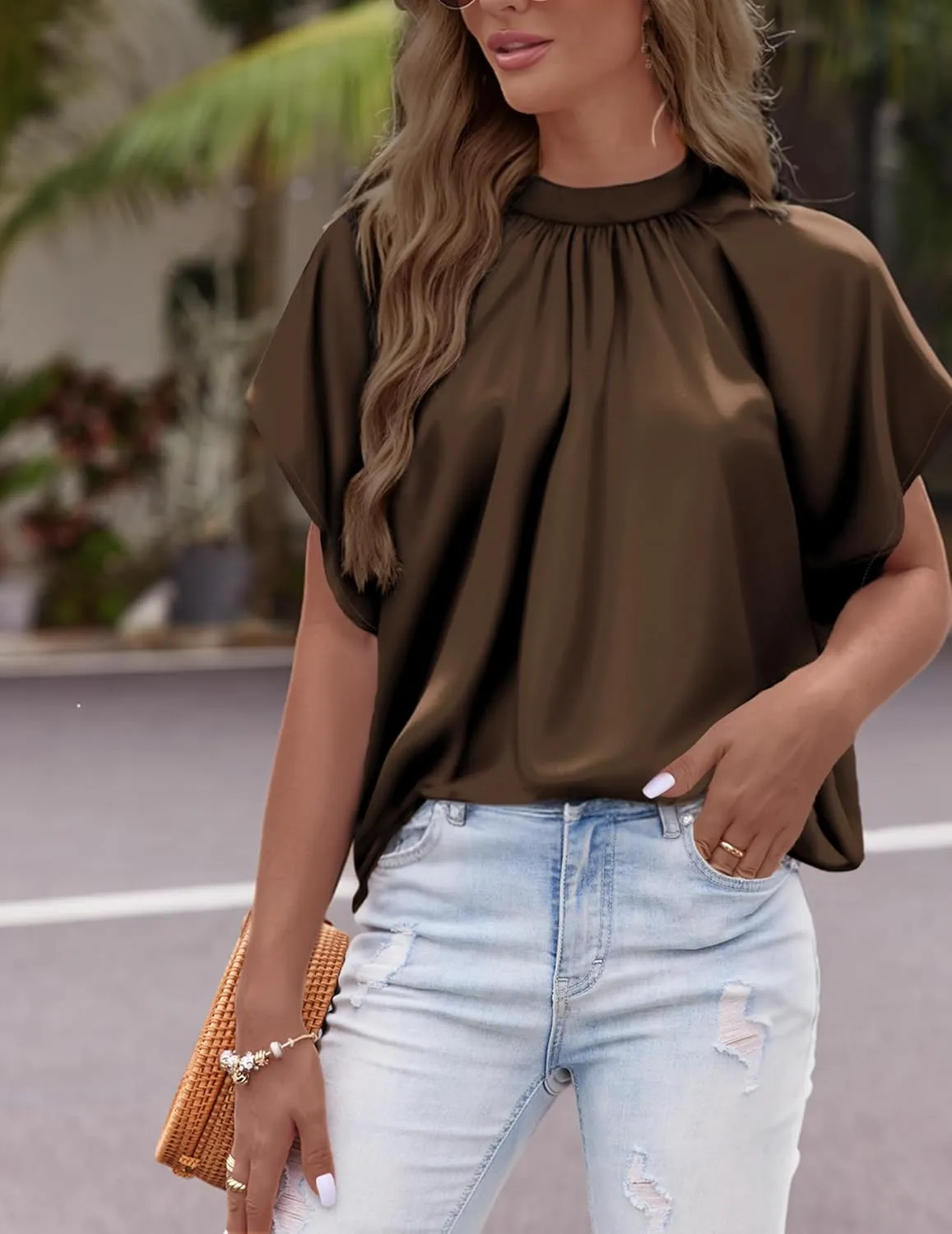 Womens Blouses Dressy Casual Mock Neck Batwing Sleeve Tops Loose Fit Tie Back Summer Tunic Tops