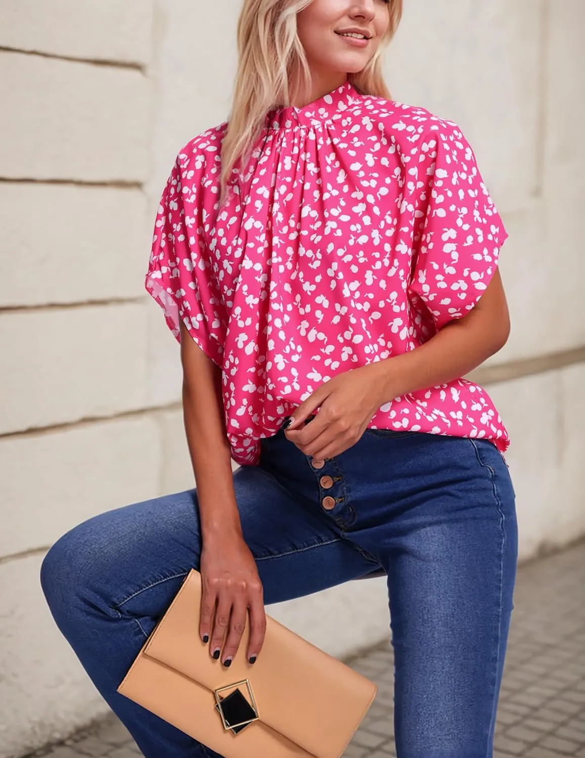 Womens Blouses Dressy Casual Mock Neck Batwing Sleeve Tops Loose Fit Tie Back Summer Tunic Tops