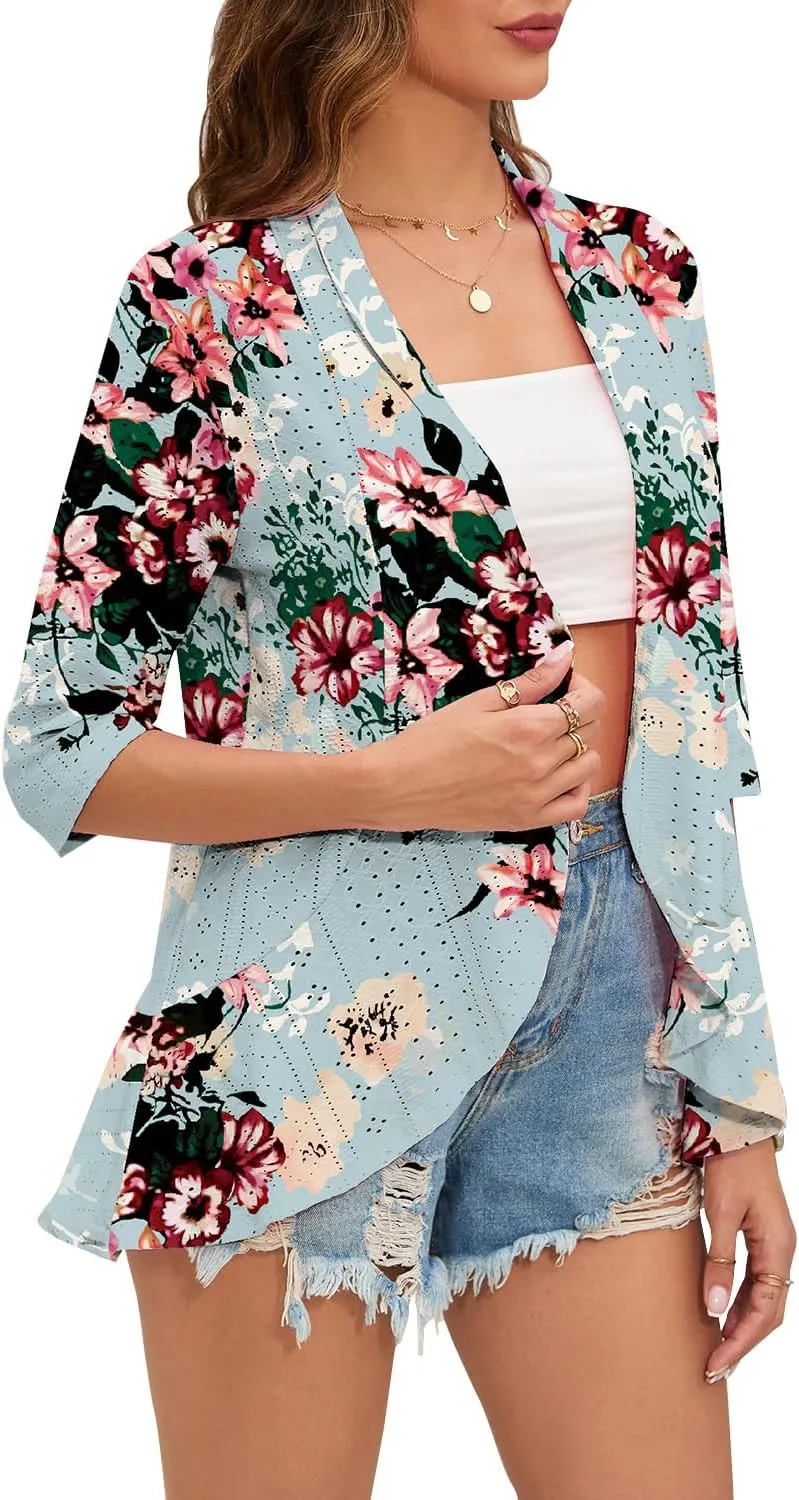Women's Casual Lightweight Open Front Cardigans Ruffles 3/4 Sleeve Cardigan Soft Draped Cover Up