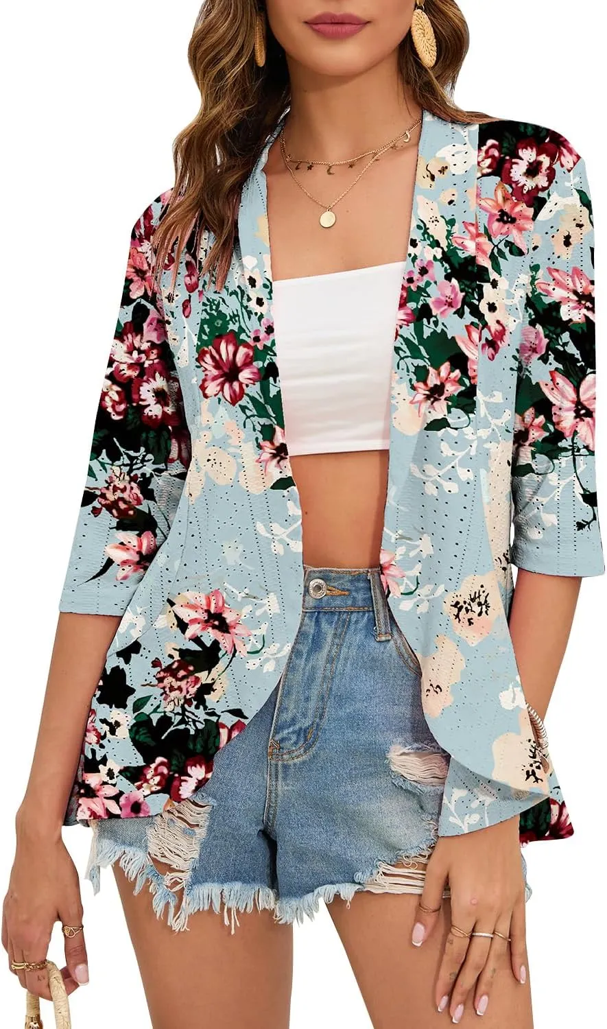 Women's Casual Lightweight Open Front Cardigans Ruffles 3/4 Sleeve Cardigan Soft Draped Cover Up