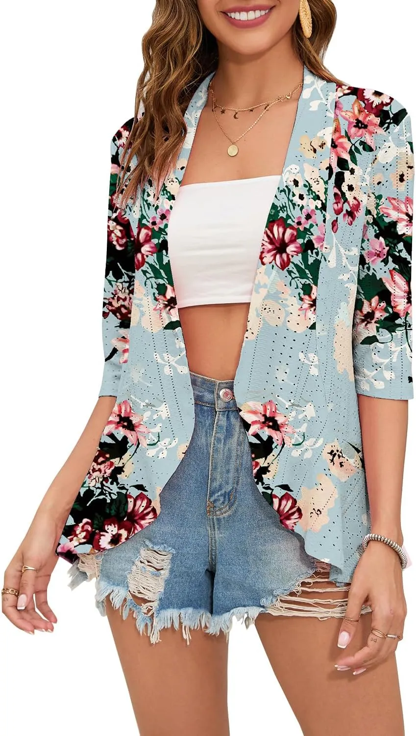 Women's Casual Lightweight Open Front Cardigans Ruffles 3/4 Sleeve Cardigan Soft Draped Cover Up