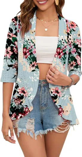 Women's Casual Lightweight Open Front Cardigans Ruffles 3/4 Sleeve Cardigan Soft Draped Cover Up