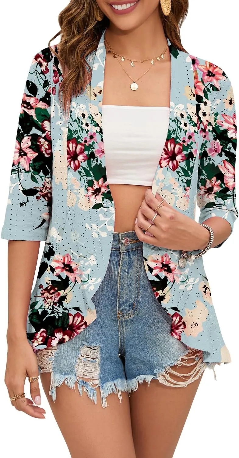 Women's Casual Lightweight Open Front Cardigans Ruffles 3/4 Sleeve Cardigan Soft Draped Cover Up