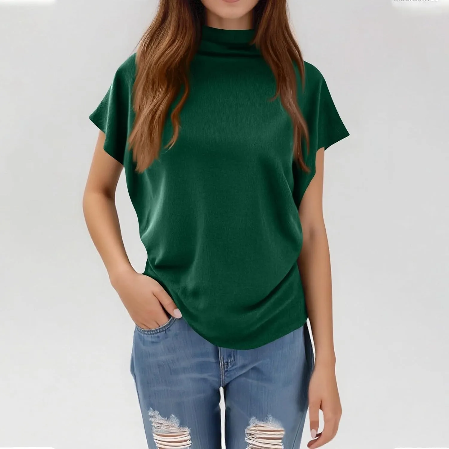 Women's Casual Loose Mock Neck Batwing Sleeve Tops,2025 Summer Solid Business Work Shirts Elegant Teacher Blouse