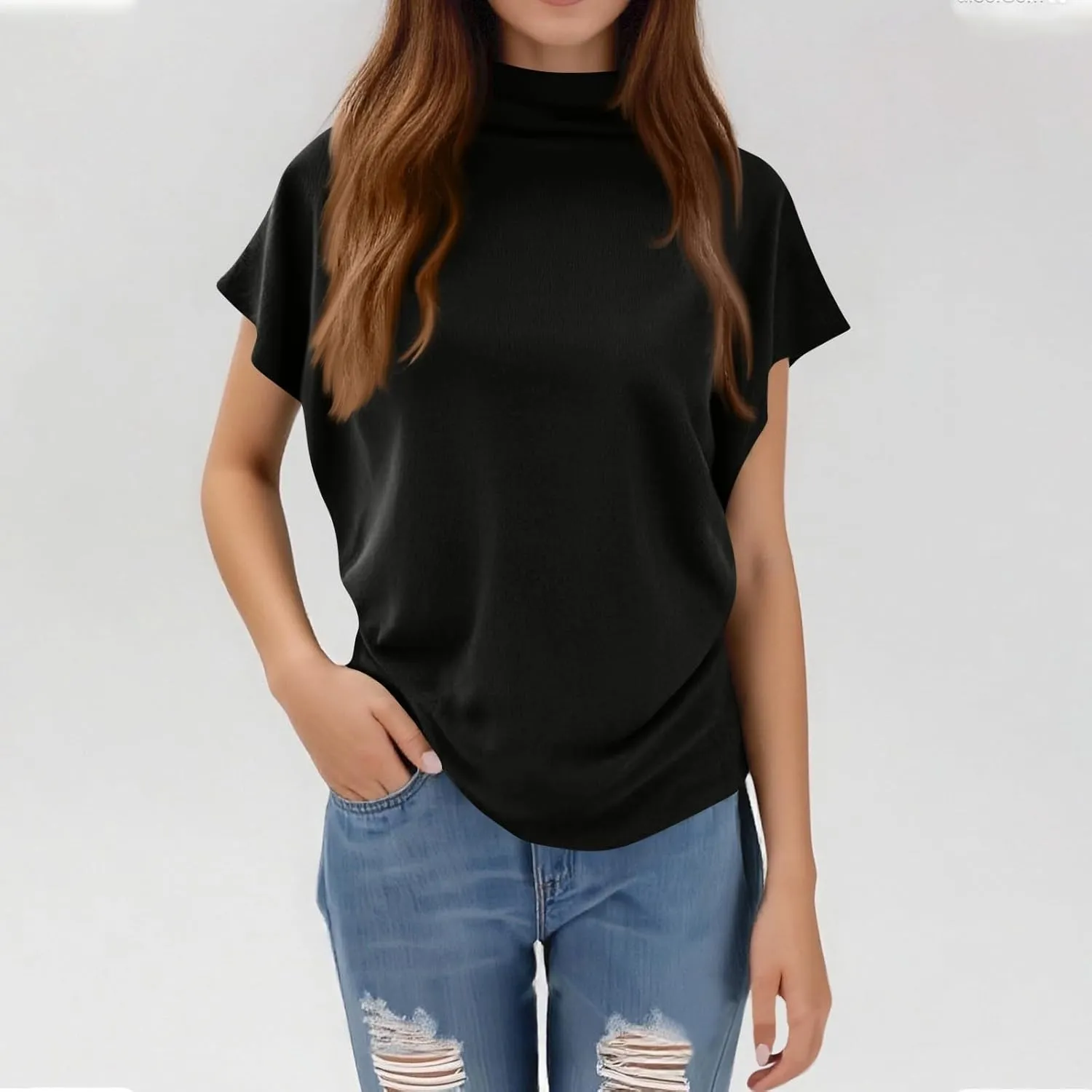 Women's Casual Loose Mock Neck Batwing Sleeve Tops,2025 Summer Solid Business Work Shirts Elegant Teacher Blouse