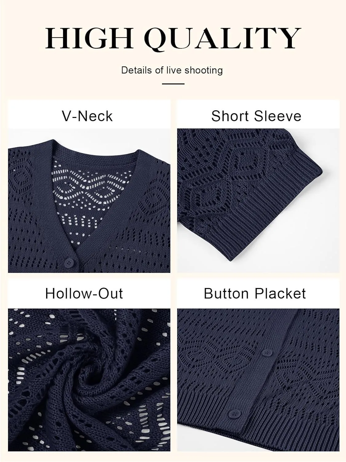 Women's Crochet Knit Open Front V-Neck Button Down Summer Short Sleeve Lightweight Cardigan Sweater