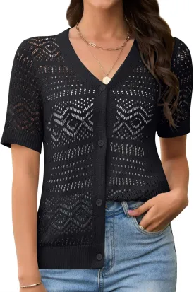 Women's Crochet Knit Open Front V-Neck Button Down Summer Short Sleeve Lightweight Cardigan Sweater